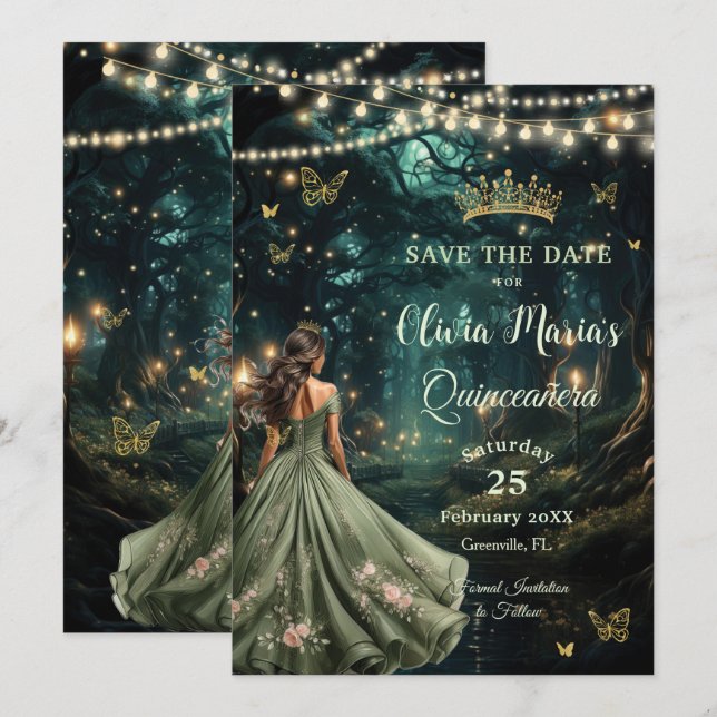 Bezauberndes Forest Sage Green Dress Quinceañera Save The Date (Vorne/Hinten)