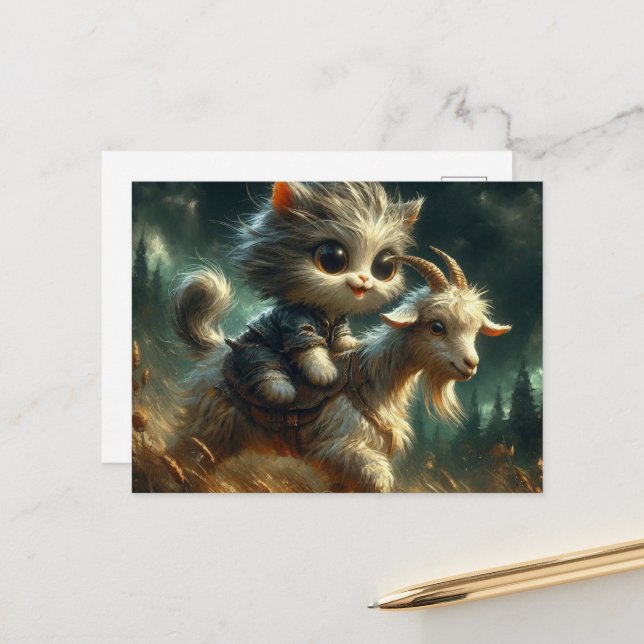 bezauberndes graues Kätzchen, das eine Ziege reite Postkarte (Vorderseite/Rückseite Beispiel)