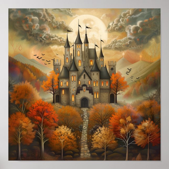 Bezauberndes HerbstSchloss am Night AI Poster (Vorne)