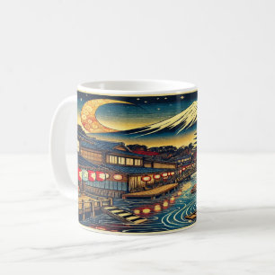 Bezauberndes japanisches Dorf unter Moonlit Fuji Kaffeetasse