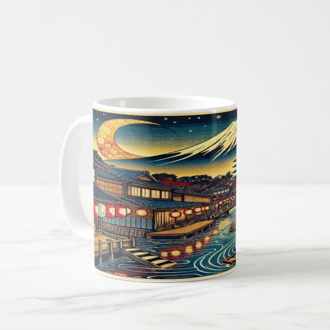 Bezauberndes japanisches Dorf unter Moonlit Fuji Kaffeetasse (Vorderseite Links)