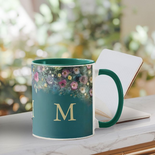 Bezauberndes Waldgebiet Rose Grüne Fairy Woodland Tasse (enchanted forest mug monogram wild roses wildflower floral emerald gold woodland fairy greenery)