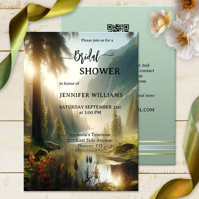 Bezauberndes Waldgebirge-Brautparty Einladung (Original bridal shower invitation featuring a painting of a mountain scene with enchanted forest)