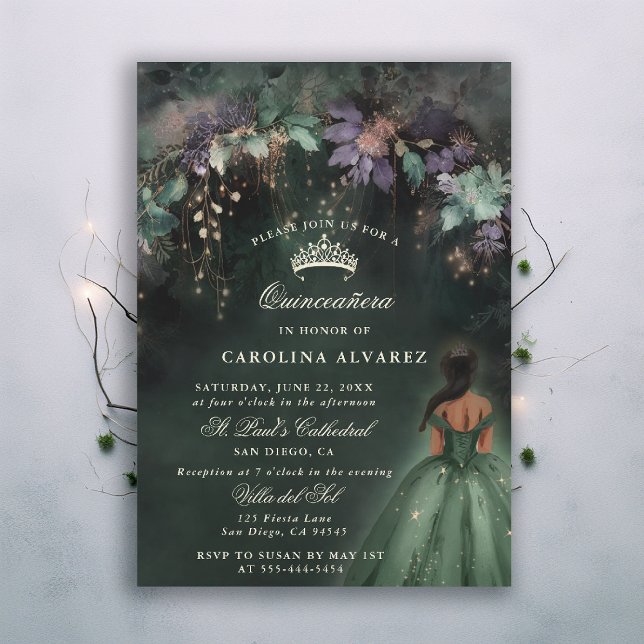 Bezauberndes Waldland Arch Green Quinceanera Einladung (enchanted forest quinceanera invitation watercolor princess dress dark emerald hunter green woodland)