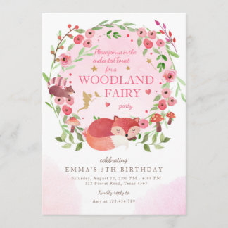 Bezauberndes Waldland Fairy Pink Girl Geburtstag Einladung