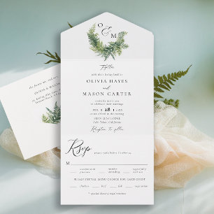 Bezauberndes Waldland Ferns Monogramme Hochzeit All In One Einladung