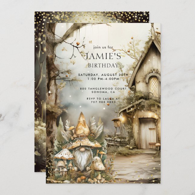 Bezauberndes Waldland Gnome Kind Geburtstag I Einladung (Vorne/Hinten)