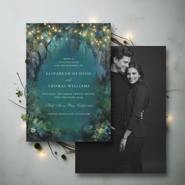 Bezauberndes Waldweide-Foto Hochzeit Save The Date (enchanted forest woodland wedding save the date card emerald gold magic fairy tale photo)