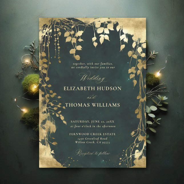 Bezauberte Forest Foliage Rahmen Gold Grüne Hochze Einladung (Enchanted Forest Emerald Green Draped Greenery Frame Modern Calligraphy Wedding Invitation)
