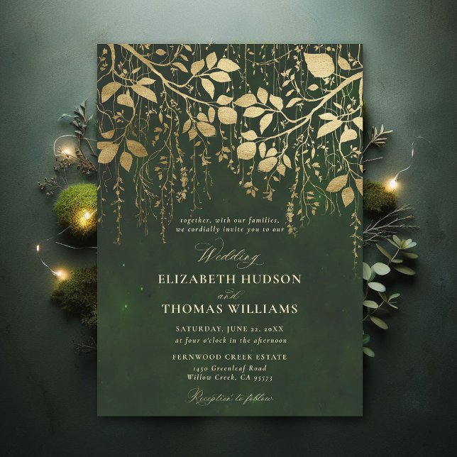 Bezauberte Forest Gold Foliage Jäger Grüne Hochzei Einladung (Enchanted Forest Hunter Green Draped Greenery Modern Calligraphy Elegant Formal Wedding Invitation)