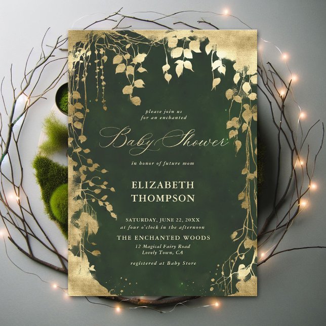 Bezauberte Forest Gold Frame Foliage Babydusche Einladung (Enchanted Forest Hunter Green Greenery Frame Modern Calligraphy Neutral Baby Shower Invitation)