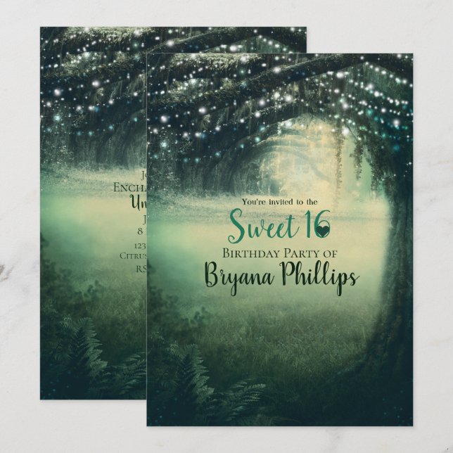 Bezauberte Forest Green Blue Lights Sweet 16 Party Einladung (Vorne/Hinten)
