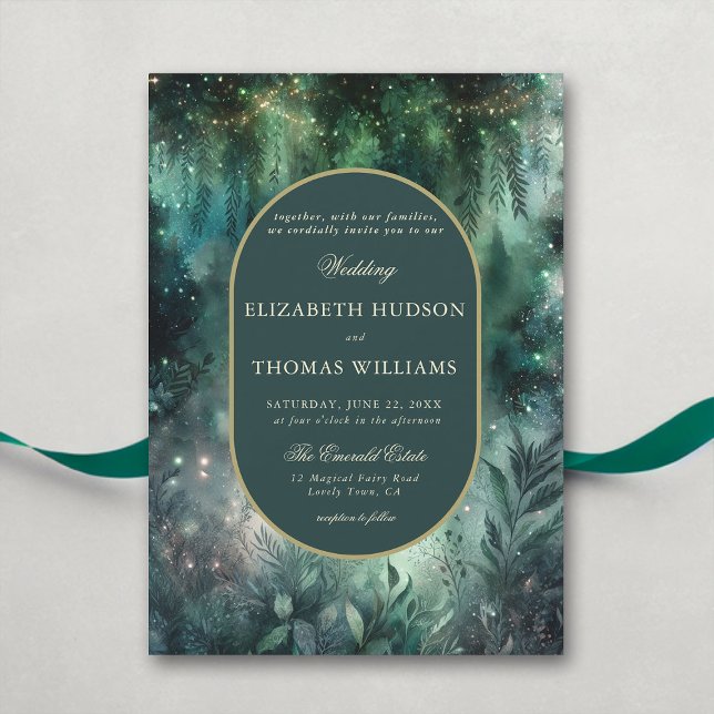 Bezauberte Forest-Imitate Gold-Oval-Rahmen-Hochzei Einladung (enchanted forest wedding invitation elegant magical fairy garden foliage greenery emerald gold oval )