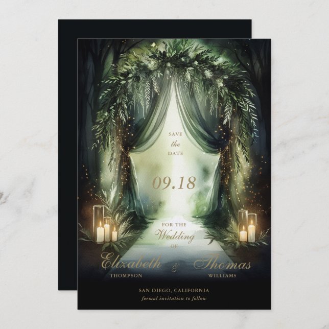 Bezauberte Forest Moody Romantic Emerald Wedding Save The Date (Vorne/Hinten)