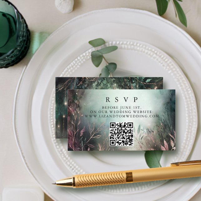 Bezauberte Gärten QR Code Online-UAWG Wedding Begleitkarte (enchanted forest rsvp card QR website modern elegant romantic watercolor gold vines emerald mauve)