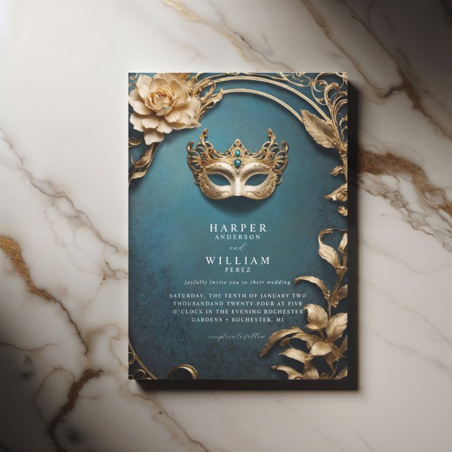 Bezauberte Hochzeit der Blauen und Goldmedaille Einladung (Blue masquerade wedding invitation featuring a venetian mask.)