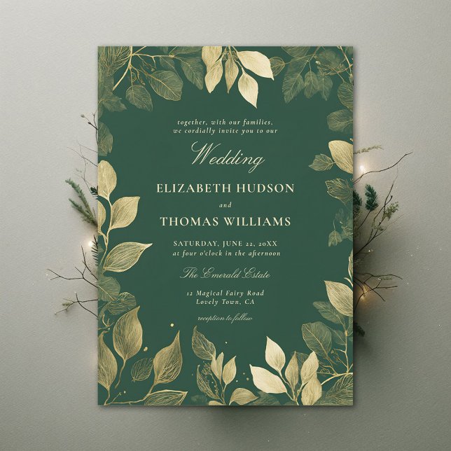 Bezauberte Imitate aus dem Wald Gold Foliage Elega Einladung (enchanted forest wedding invitation gold foliage emerald green magical bespoke dark moody)