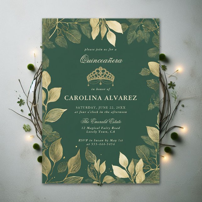 Bezauberte Imitate aus dem Wald Gold Foliage Quinc Einladung (enchanted forest quinceanera green invitation faux gold foliage elegant modern chic theme)