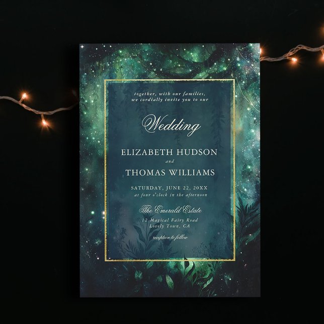 Bezauberte Imitate aus dem Wald Gold Frame Elegant Einladung (enchanted forest wedding invitation elegant frame faux gold magical fairy greenery garden foliage)