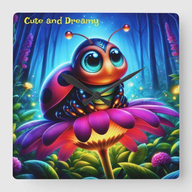 Bezauberte Ladybug weiche glühende Fantasie-Blume Quadratische Wanduhr (Vorderseite)