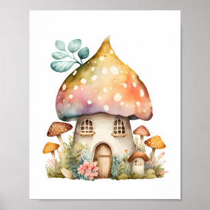 Bezauberte Mushroom-Hütte Wasserfarbe Poster