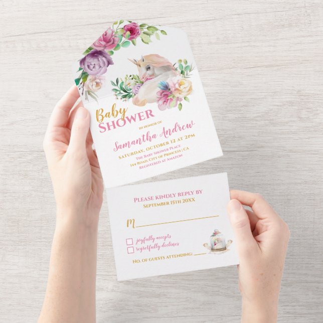 Bezauberte Unicorn Delicate Baby Girl Babydusche All In One Einladung (Abreißen)