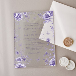 Bezauberte Vintage Lila Blumenhochzeit Acryleinladungen