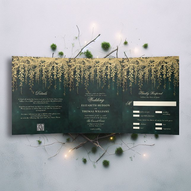 Bezauberte Wälder und goldene Landschaften auf ein Dreifach Gefaltete Einladung (enchanted forest trifold wedding invitation seal send emerald gold branches vines elegant all in one)