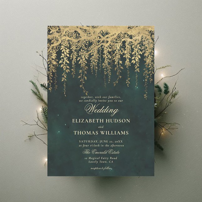 Bezauberte Waldgärtnerei Custom Wedding Einladung (enchanted forest wedding invitation gold hanging greenery dark romantic emerald green modern chic)