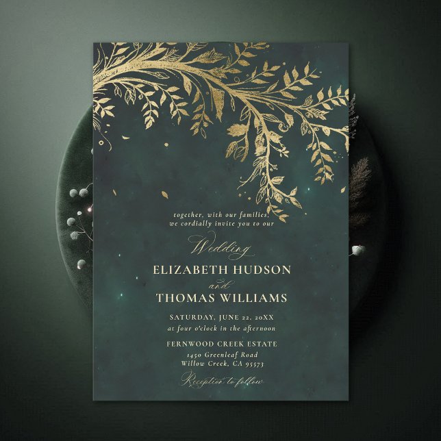 Bezauberte Waldgoldenzweig Smaragdgrüne Hochzeit Einladung (Enchanted Forest Emerald Green Greenery Branch Gold Modern Calligraphy Wedding Invitation)