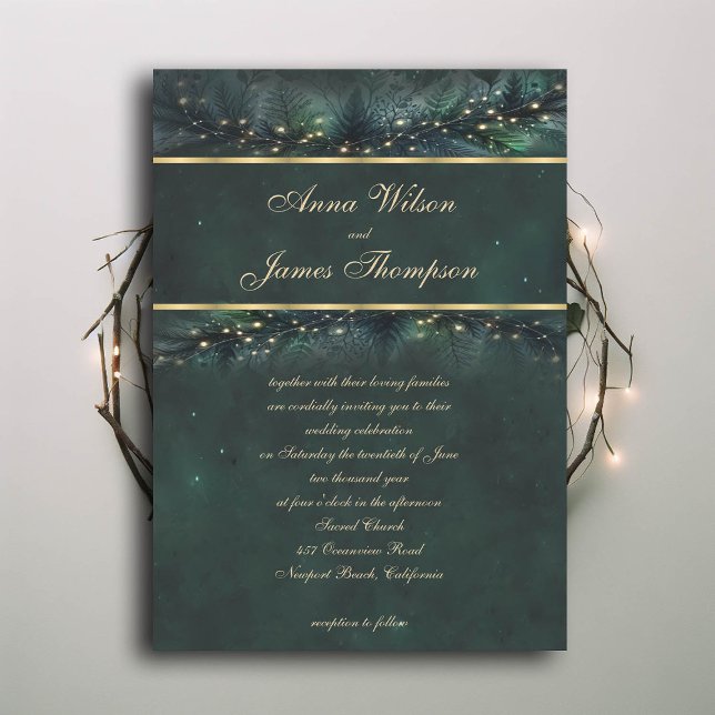 Bezauberte Waldmärsche-Goldkalligrafie-Hochzeit Einladung (enchanted forest wedding invitation emerald gold frame garland calligraphy modern classic)