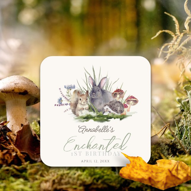 Bezauberte Waldtiere, die zum Geburtstag Creme Quadratischer Aufkleber (Enchanted Forest Woodland Animals Kid's Birthday Sticker)