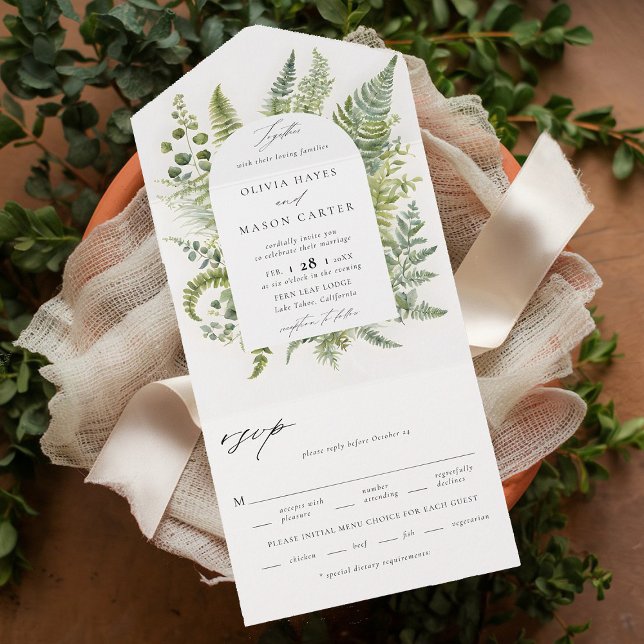 Bezauberte Waldweide-Weideland-Boho-Arch-Hochzeit All In One Einladung (enchanted forest wedding invitation botanical boho arch ferns outdoors mountains garden all in one)