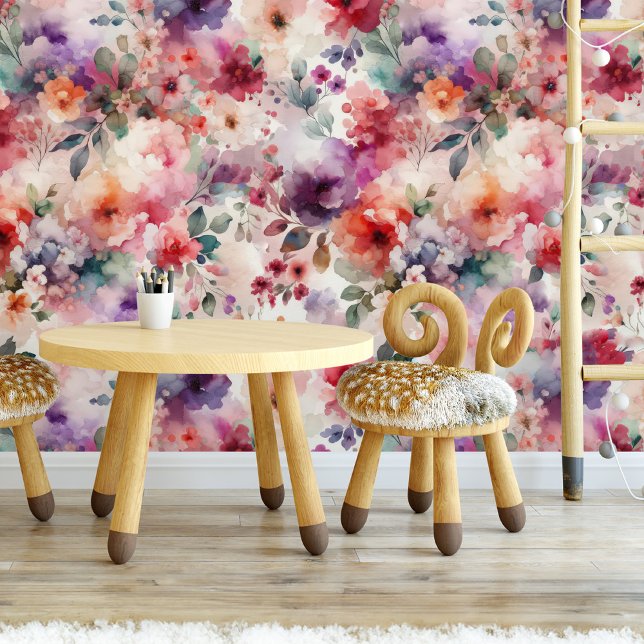 Bezauberter Aquarellgarten Tapete (Enchanted Fairy Garden Watercolor Floral Wallpaper for a Fairycore-Themed Nursey)