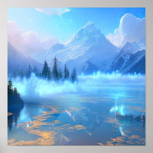 Bezauberter Bergsee, Mystischer Blaunebel Poster