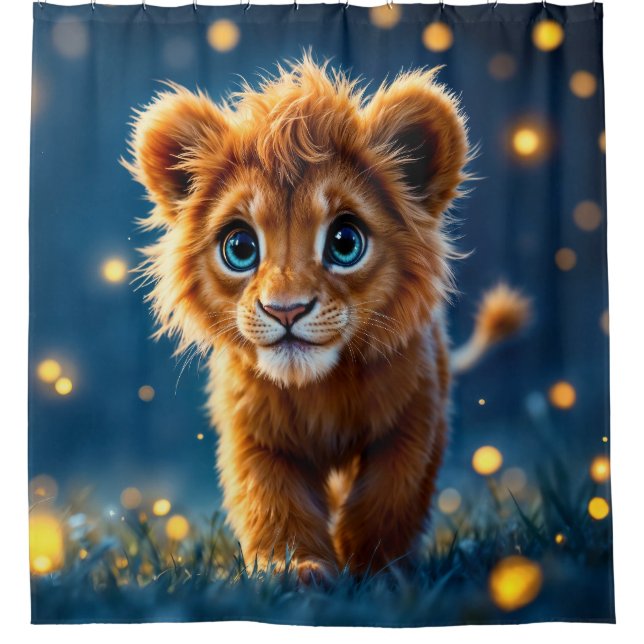 Bezauberter, blau-mit Augen Löwenwürfel in glühend Duschvorhang (Vorderseite)