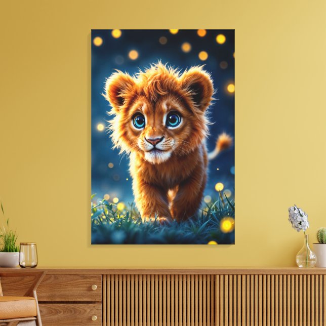 Bezauberter, blau-mit Augen Löwenwürfel in glühend Leinwanddruck (Insitu (Wohnzimmer))