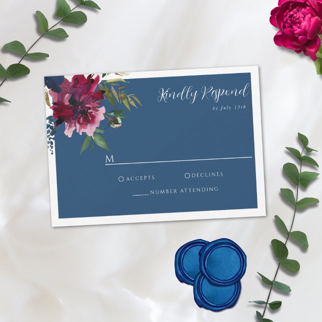 Bezauberter Garten Dusty Blue Burgundy Navy RSVP Karte (Von Creator hochgeladen)