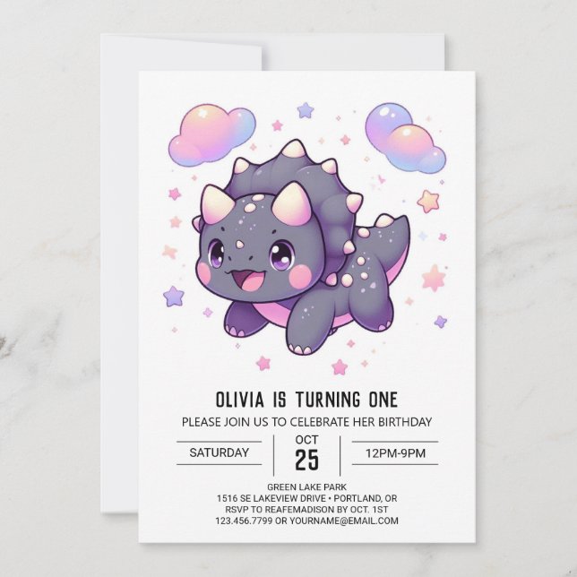 Bezauberter moderner Dinosaurier 1. Geburtstag Einladung (Vorderseite)
