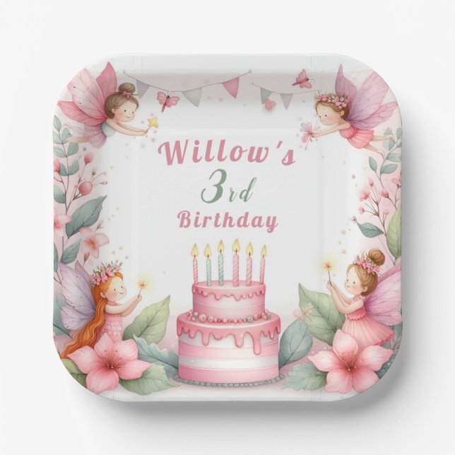 Bezauberter Rosa Feengarten - Geburtstag Pappteller (Vorderseite)