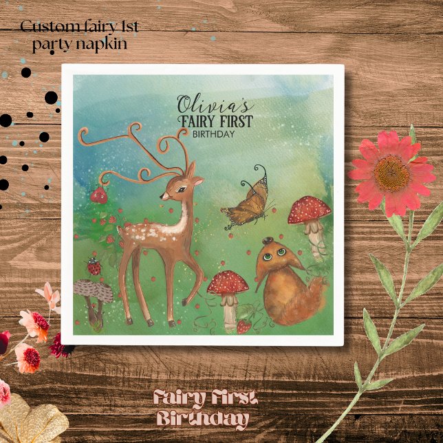 Bezauberter Wald Deer & Fox Fairy Erster Geburtsta Serviette (Enchanted Forest Deer & Fox Fairy First Birthday Napkins
)