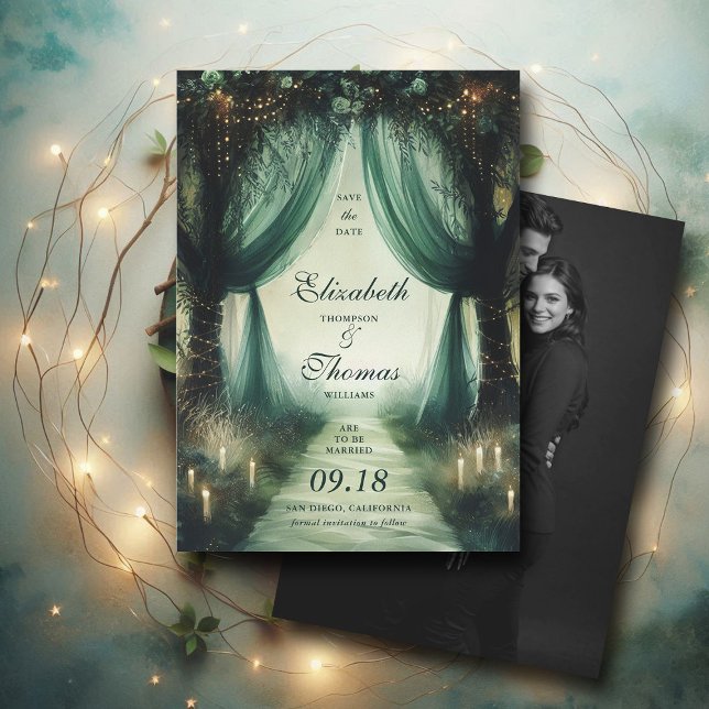 Bezauberter Wald Elegant Moody Dark Foto Hochzeit Save The Date (enchanted forest woodland wedding save the date arch canopy calligraphy fairy tale elegant dark mood)