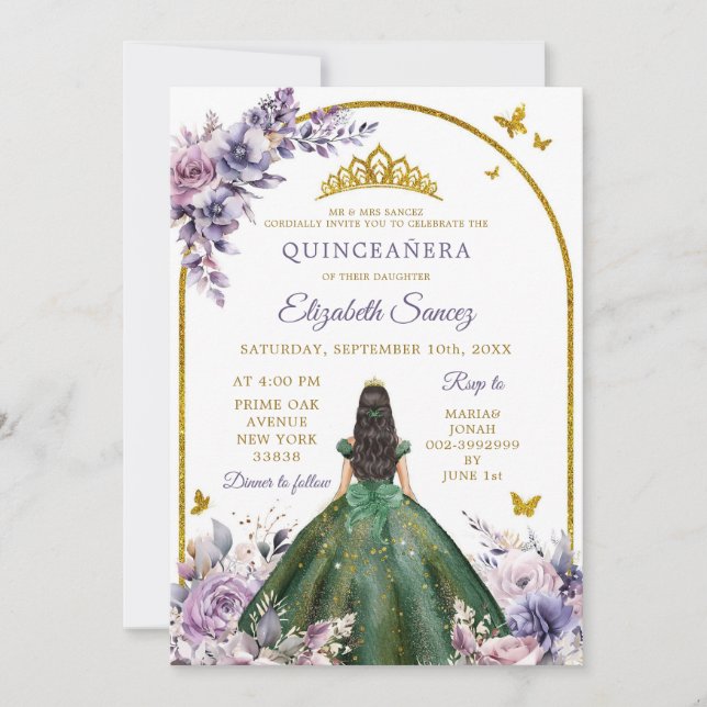 Bezauberter Wald Lila Hunter Green Quinceañera Einladung (Vorderseite)