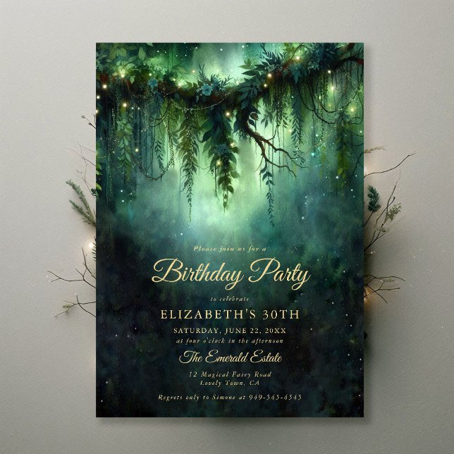 Bezauberter Wald Moody Dark Green Emerald Birthday Einladung (enchanted forest birthday party invitation emerald green woodland fairy magical garden storybook)