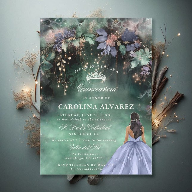 Bezauberter Wald Periwinkle Blue Chic Quinceanera Einladung (enchanted forest quinceanera invitation watercolor princess dress periwinkle emerald green)