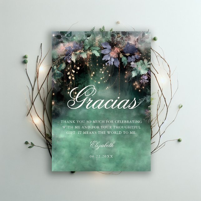 Bezauberter Wald Periwinkle Woodland Quinceanera Dankeskarte (enchanted forest quinceanera thank you card watercolor princess dress periwinkle emerald green)