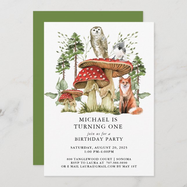 Bezauberter Wald Waldland Junge erster Geburtstag Einladung (Vorne/Hinten)