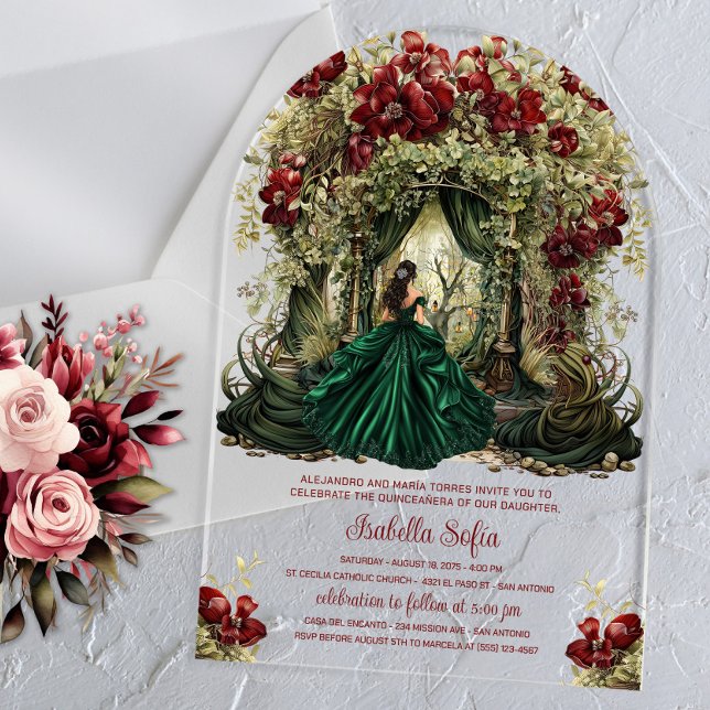 Bezauberter Waldburgund-Blumenbogen Acryleinladungen (Enchanted forest invitation with emerald green dress and floral forest entrance. Any occasion invite)