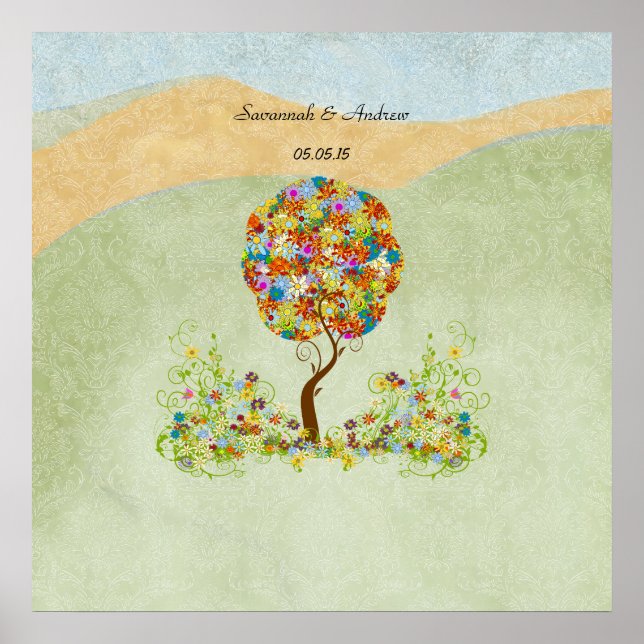 Bezauberter Waldpatchwork Blumenmauerbaum Poster (Vorne)