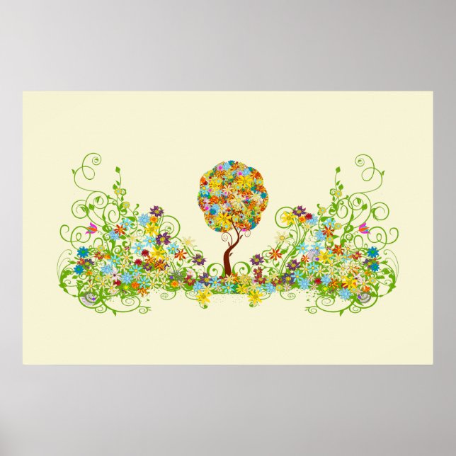 Bezauberter Waldpatchwork Blumenmauerbaum Poster (Vorne)